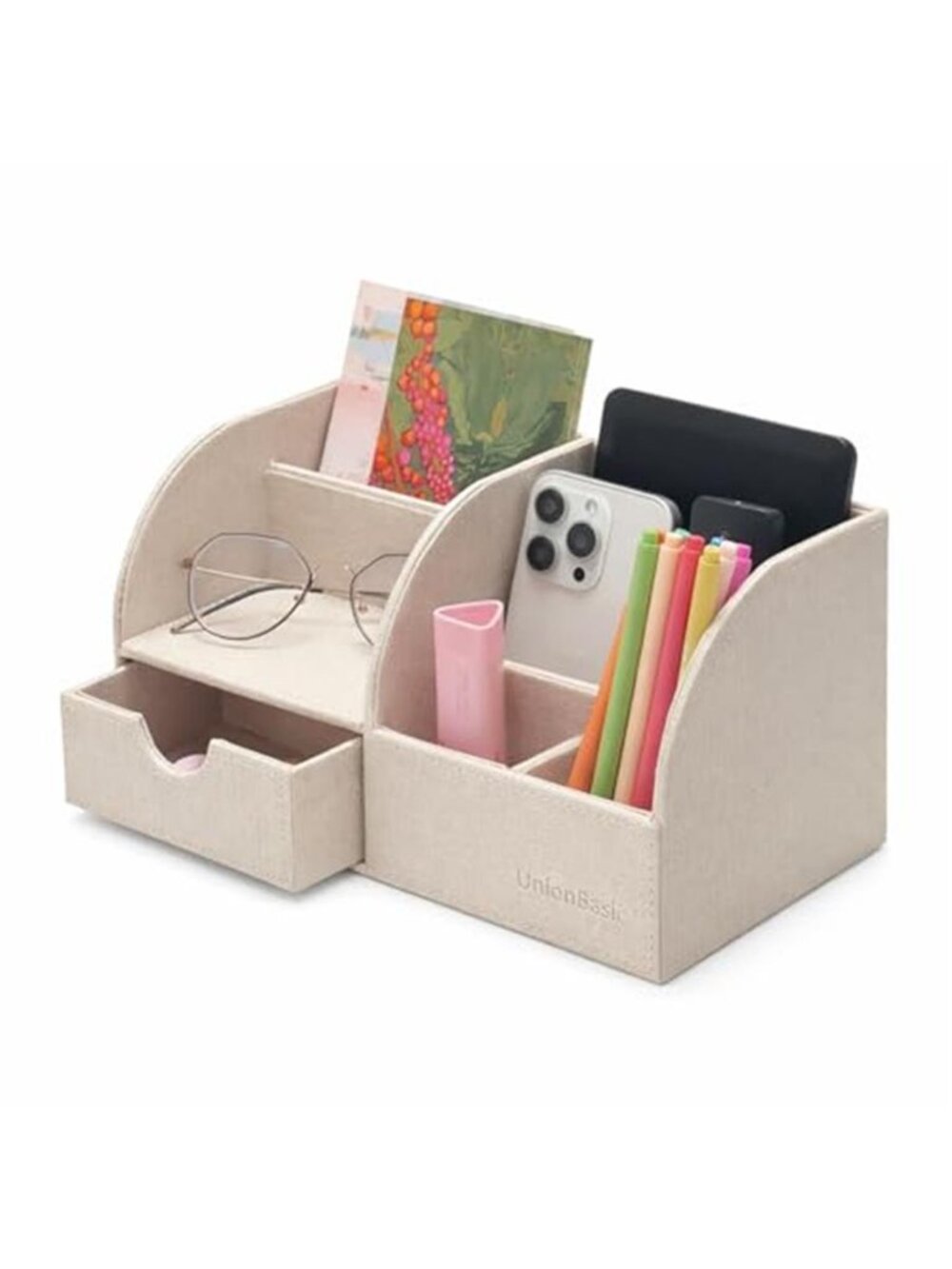 Desk Organizer Faux Leather Pen Holder Storage Drawer Office Supplies Holder